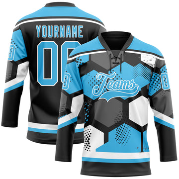 Custom Sky Blue Black-White 3D Pattern Geometric Shape Hockey Lace Neck Jersey