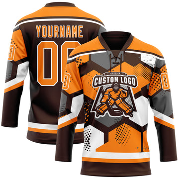 Custom Bay Orange Brown-White 3D Pattern Geometric Shape Hockey Lace Neck Jersey