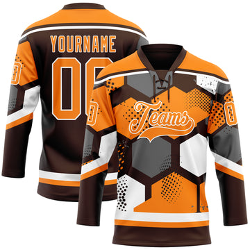 Custom Bay Orange Brown-White 3D Pattern Geometric Shape Hockey Lace Neck Jersey