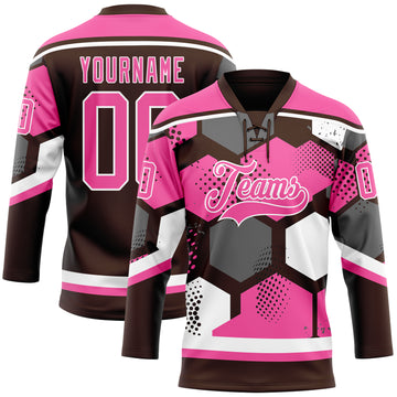 Custom Pink Brown-White 3D Pattern Geometric Shape Hockey Lace Neck Jersey