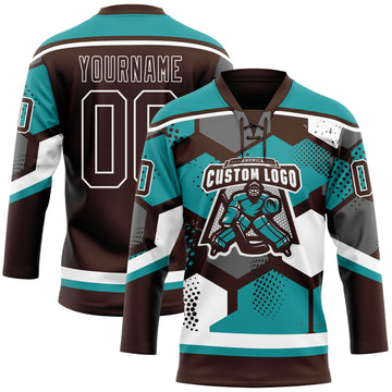 Custom Teal Brown-White 3D Pattern Geometric Shape Hockey Lace Neck Jersey