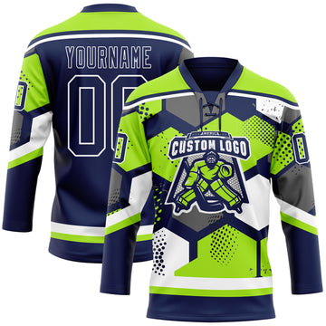 Custom Neon Green Navy-White 3D Pattern Geometric Shape Hockey Lace Neck Jersey