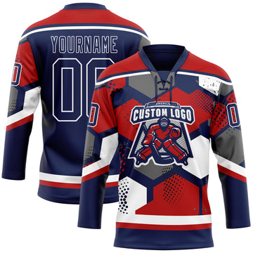 Custom Red Navy-White 3D Pattern Geometric Shape Hockey Lace Neck Jersey