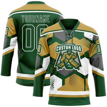 Custom Old Gold Green-White 3D Pattern Geometric Shape Hockey Lace Neck Jersey