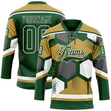 Custom Old Gold Green-White 3D Pattern Geometric Shape Hockey Lace Neck Jersey