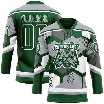 Custom Gray Green-White 3D Pattern Geometric Shape Hockey Lace Neck Jersey