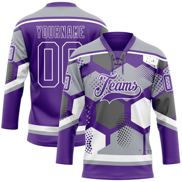 Custom Gray Purple-White 3D Pattern Geometric Shape Hockey Lace Neck Jersey