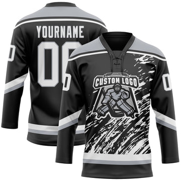 Custom Black White-Gray 3D Splash Art Hockey Lace Neck Jersey