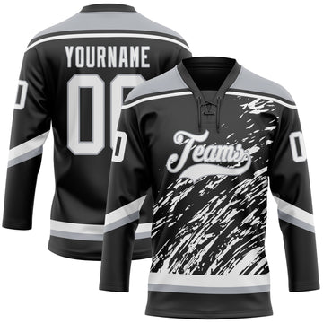 Custom Black White-Gray 3D Splash Art Hockey Lace Neck Jersey