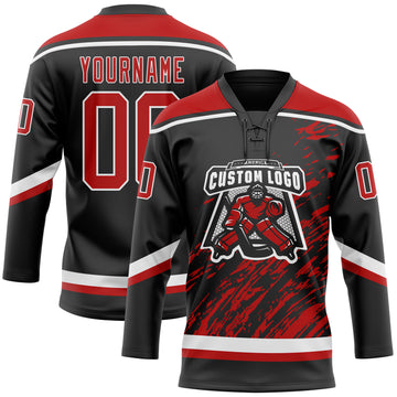 Custom Black Red-White 3D Splash Art Hockey Lace Neck Jersey