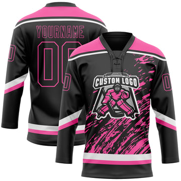 Custom Black Pink-White 3D Splash Art Hockey Lace Neck Jersey