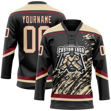 Custom Black City Cream-Crimson 3D Splash Art Hockey Lace Neck Jersey