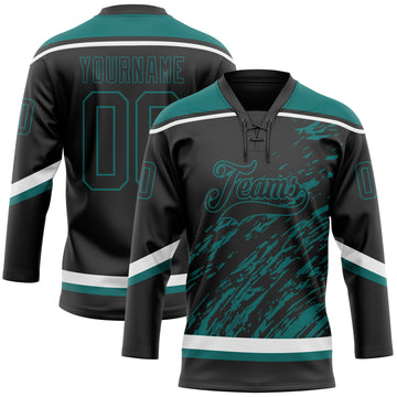 Custom Black Teal-White 3D Splash Art Hockey Lace Neck Jersey