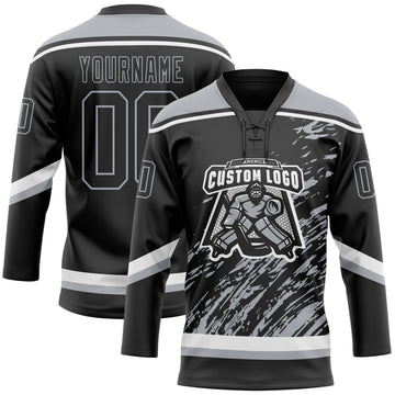 Custom Black Gray-White 3D Splash Art Hockey Lace Neck Jersey