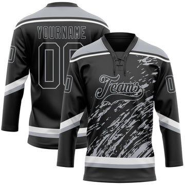 Custom Black Gray-White 3D Splash Art Hockey Lace Neck Jersey