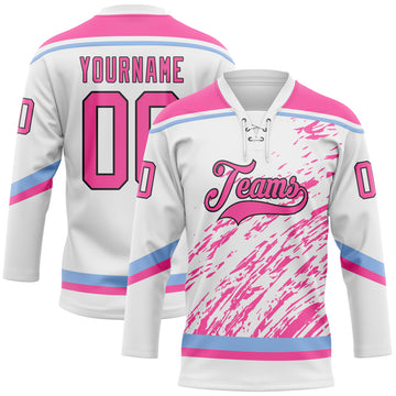 Custom White Pink Light Blue-Black 3D Splash Art Hockey Lace Neck Jersey