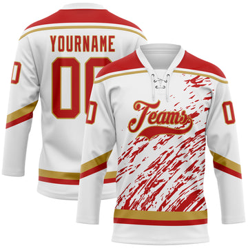 Custom White Red-Old Gold 3D Splash Art Hockey Lace Neck Jersey
