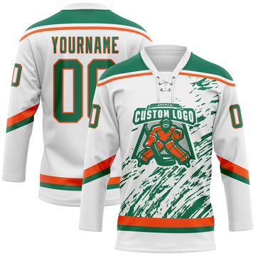 Custom White Kelly Green-Orange 3D Splash Art Hockey Lace Neck Jersey