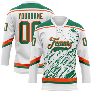 Custom White Kelly Green-Orange 3D Splash Art Hockey Lace Neck Jersey