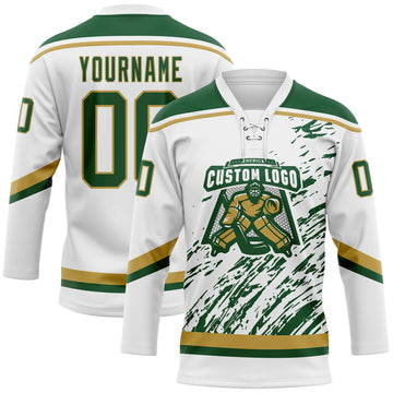 Custom White Green-Old Gold 3D Splash Art Hockey Lace Neck Jersey