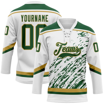 Custom White Green-Old Gold 3D Splash Art Hockey Lace Neck Jersey
