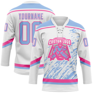 Custom White Light Blue-Pink 3D Splash Art Hockey Lace Neck Jersey