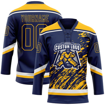Custom Navy Gold-White 3D Splash Art Hockey Lace Neck Jersey