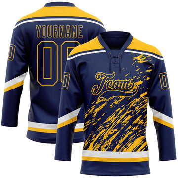 Custom Navy Gold-White 3D Splash Art Hockey Lace Neck Jersey