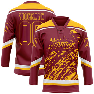 Custom Crimson Gold-White 3D Splash Art Hockey Lace Neck Jersey