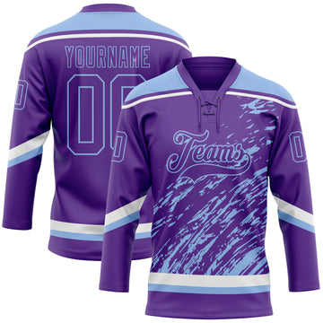 Custom Purple Light Blue-White 3D Splash Art Hockey Lace Neck Jersey