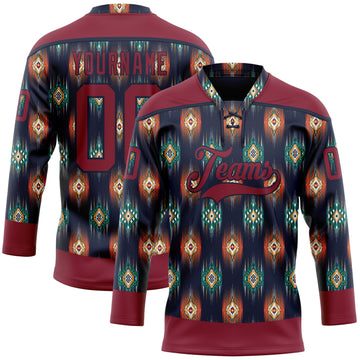 Custom Navy Crimson 3D Pattern Native Americans Tribal Indigenous People Hockey Lace Neck Jersey