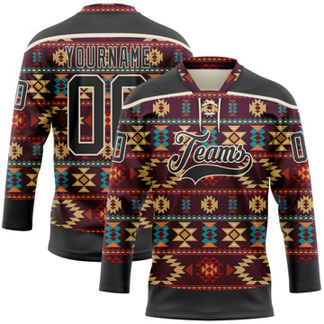 Custom Black Cream 3D Pattern Native Americans Tribal Indigenous People Hockey Lace Neck Jersey