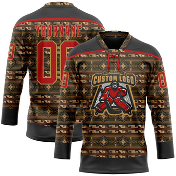 Custom Black Red-Old Gold 3D Pattern Native Americans Tribal Indigenous People Hockey Lace Neck Jersey