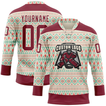 Custom Cream Crimson 3D Pattern Native Americans Tribal Indigenous People Hockey Lace Neck Jersey