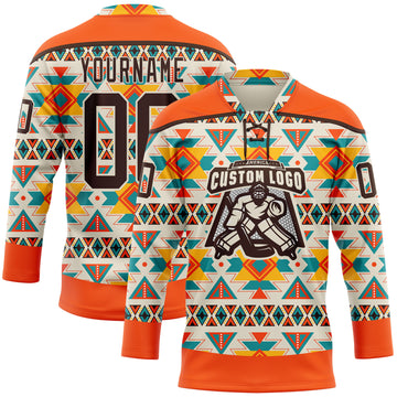 Custom Cream Brown-Orange 3D Pattern Native Americans Tribal Indigenous People Hockey Lace Neck Jersey