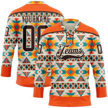 Custom Cream Brown-Orange 3D Pattern Native Americans Tribal Indigenous People Hockey Lace Neck Jersey