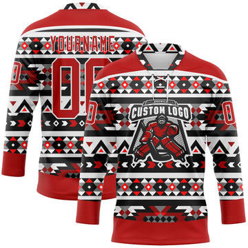 Custom Red Black-White 3D Pattern Native Americans Tribal Indigenous People Hockey Lace Neck Jersey