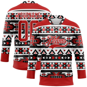 Custom Red Black-White 3D Pattern Native Americans Tribal Indigenous People Hockey Lace Neck Jersey