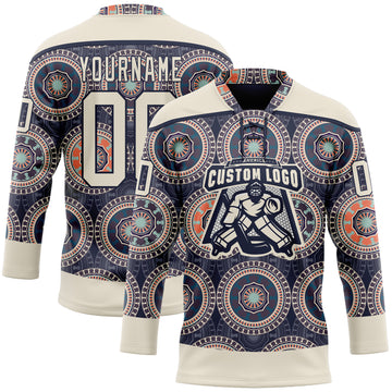 Custom Navy Cream-Orange 3D Pattern Native Americans Tribal Indigenous People Hockey Lace Neck Jersey