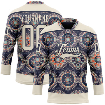 Custom Navy Cream-Orange 3D Pattern Native Americans Tribal Indigenous People Hockey Lace Neck Jersey