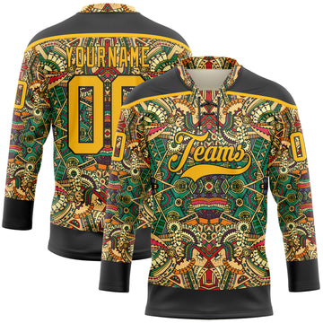 Custom Black Gold 3D Pattern Native Americans Tribal Indigenous People Hockey Lace Neck Jersey