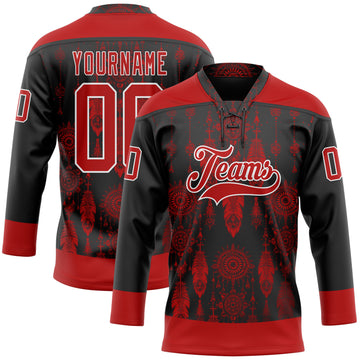 Custom Black Red-White 3D Pattern Native Americans Tribal Indigenous People Hockey Lace Neck Jersey