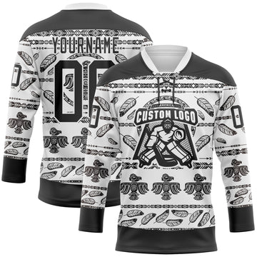 Custom White Black 3D Pattern Native Americans Tribal Indigenous People Hockey Lace Neck Jersey