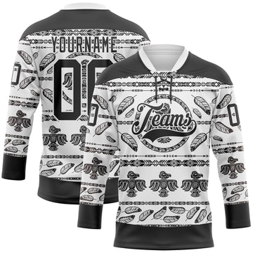 Custom White Black 3D Pattern Native Americans Tribal Indigenous People Hockey Lace Neck Jersey