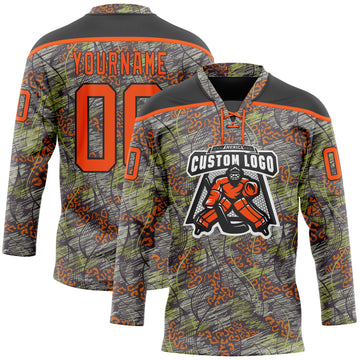 Custom Camo Orange-Black 3D Camouflage Grunge Leopard Hockey Lace Neck Jersey