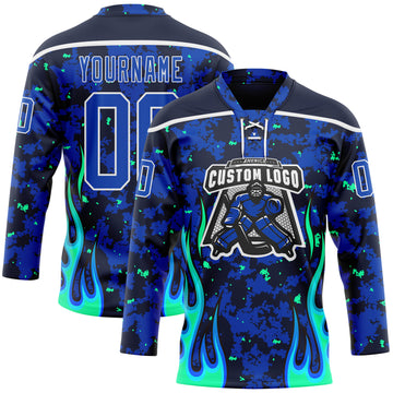 Custom Camo Thunder Blue Navy Green-White 3D Camouflage Flame Hockey Lace Neck Jersey