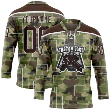 Custom Camo Brown-White 3D Camouflage Pixel Hockey Lace Neck Jersey