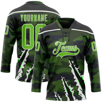 Custom Camo Aurora Green Black-White 3D Camouflage Claw Mark Hockey Lace Neck Jersey