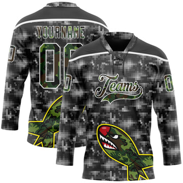 Custom Camo Black-White 3D Camouflage Digital Hockey Lace Neck Jersey