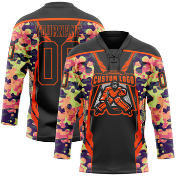 Custom Camo Black-Orange 3D Camouflage Pixel Hockey Lace Neck Jersey